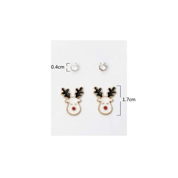 REINDEER CHRISTMAS GOLD TONED STUD EARRINGS & DIAMOND STUD EARRING SET - Picture 5 of 6